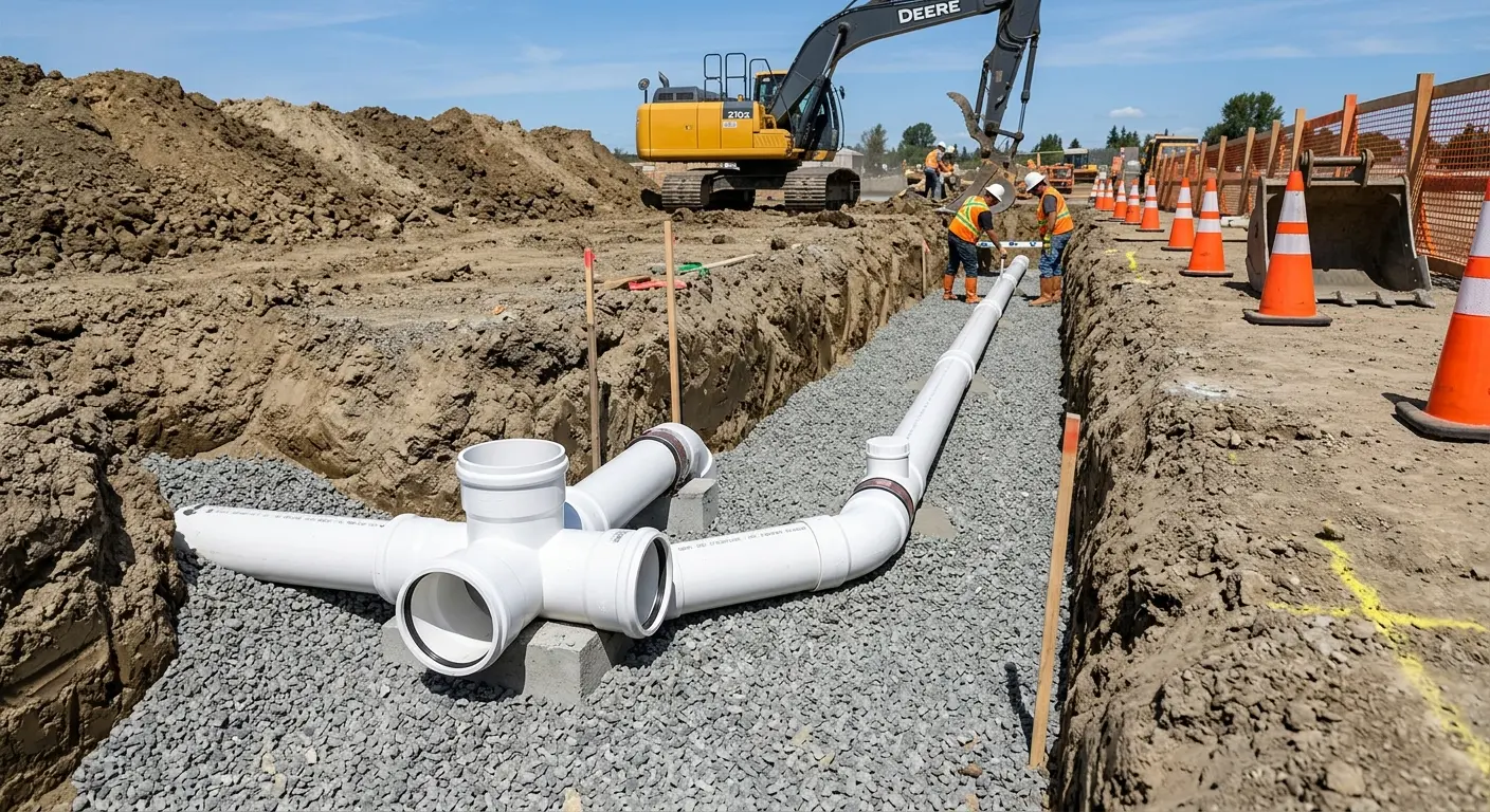 New PVC sewer pipe installation in open trench for Sewer Backup in Ontario